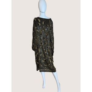 Black Gold Beaded Sequin Paisley Cocktail Dress Long Sleeve